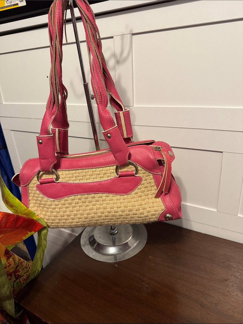 Woven Straw Tote with Pink Trim Shoulder Bag